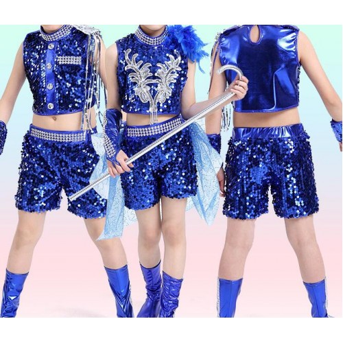 Royal blue black sequins paillette boys girls kids children school competition jazz dance costumes outfits